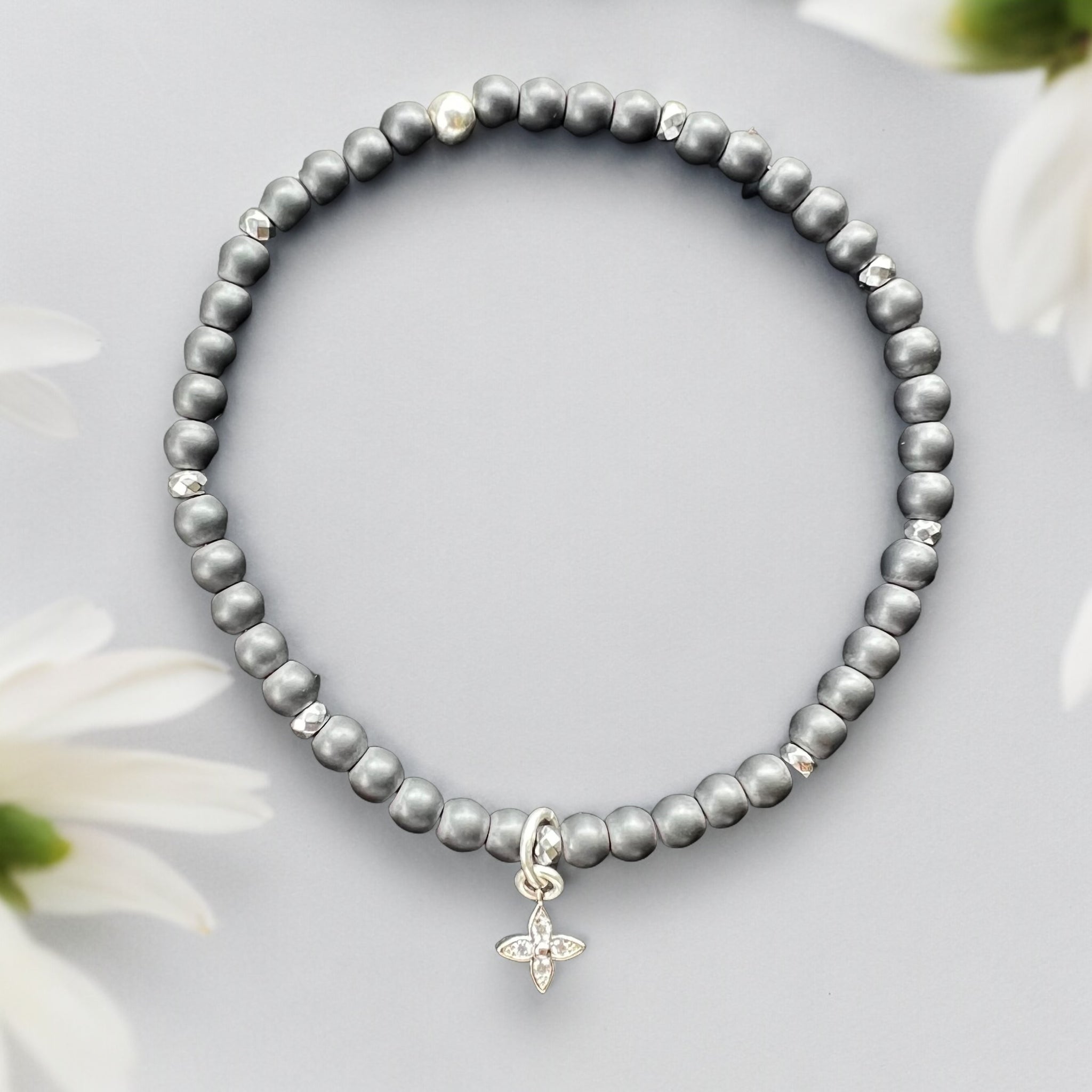 Flower Charm 4mm Hematite Matte Stones Bracelet