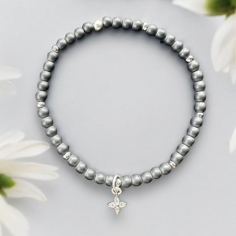 Flower Charm 4mm Hematite Matte Stones Bracelet