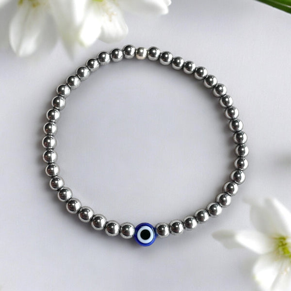 Blue Evil Eye Charm 4mm Hematite Stones Bracelet