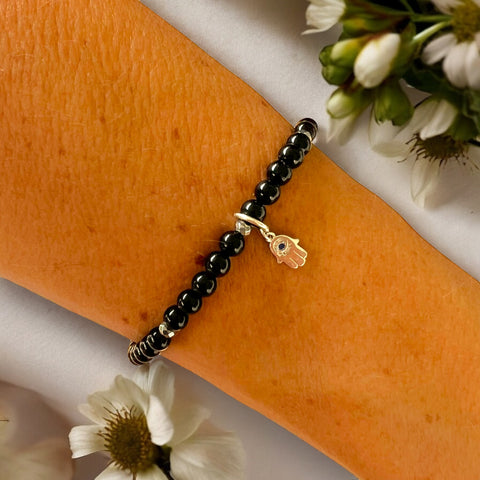 Dainty Hamsa Charm 4mm Onyx Polished Stone Bracelet