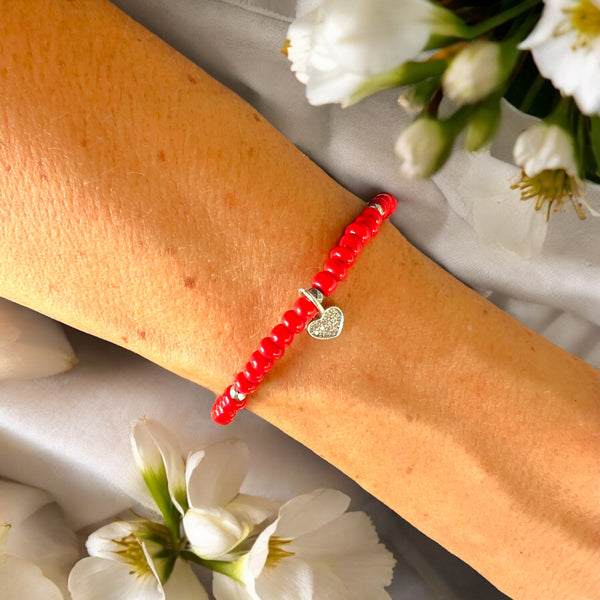 Heart Charm 4mm Red Glass Beads Bracelet