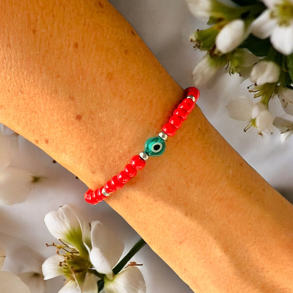 Classic Turquoise Evil Eye Charm 4mm Red Glass Beads Bracelet