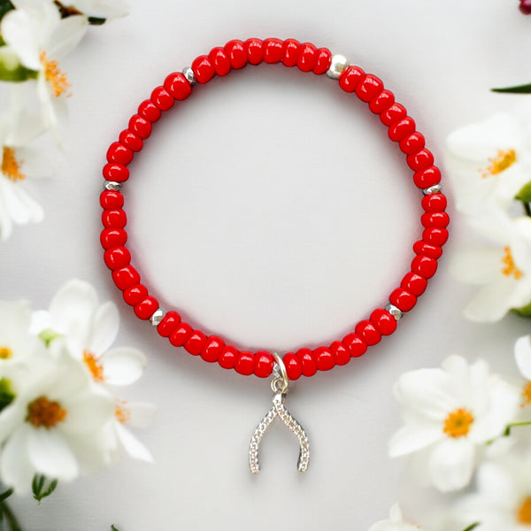 Wishbone Charm 4mm Red Glass Beads Bracelet