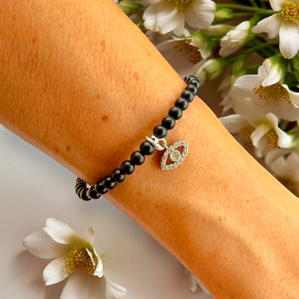 Cubic Zirconias Evil Eye Charm 4mm Onyx Matte Stone Bracelet