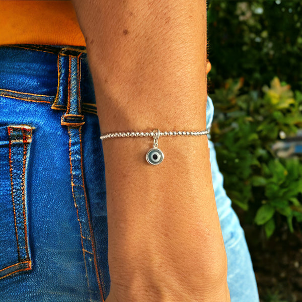 Drop Evil Eye Charm Sterling Silver 2mm Bead Bracelet