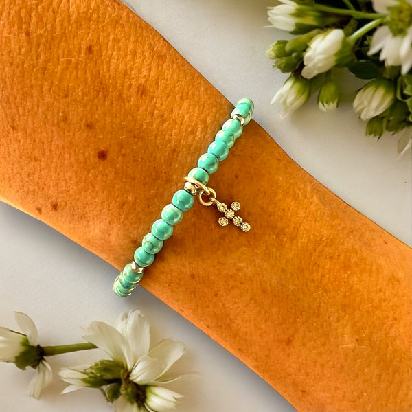 Mini Cross Charm 4mm Turquoise Stones Bracelet