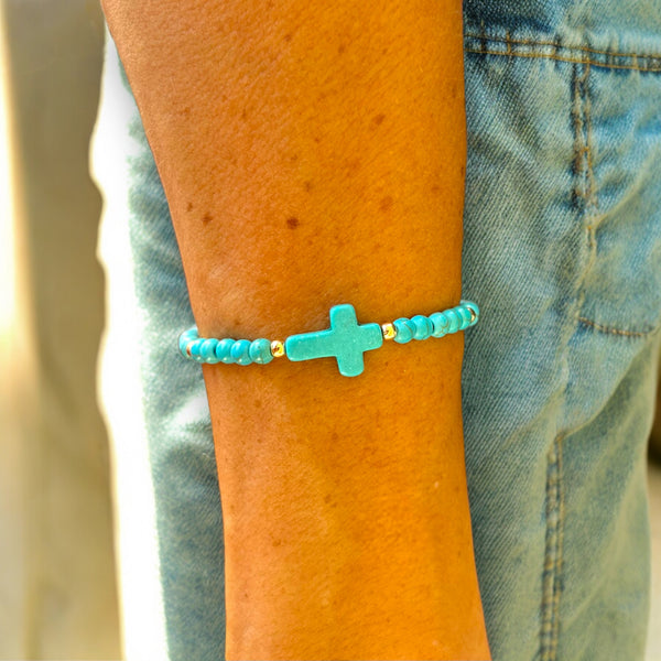 Cross Charm 4mm Turquoise Stone Bracelet