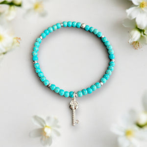 Key Charm 4mm Turquoise Stones Bracelet