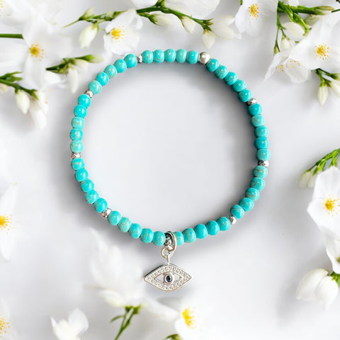 Evil Eye Charm 4mm Turquoise Stones Bracelet