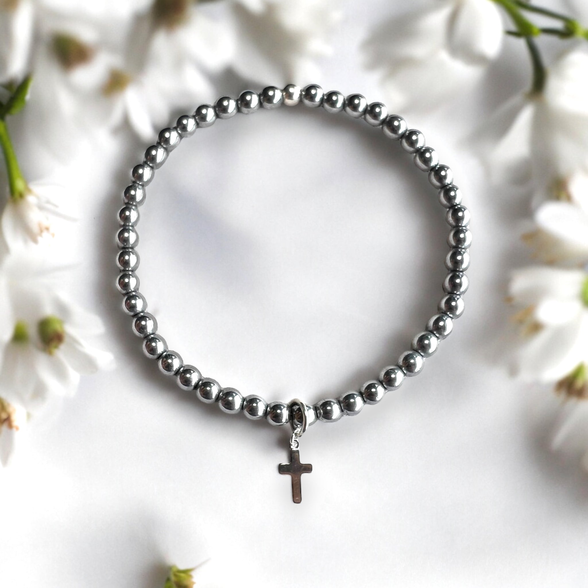 Dainty Cross Charm 4mm Hematite Stones Bracelet