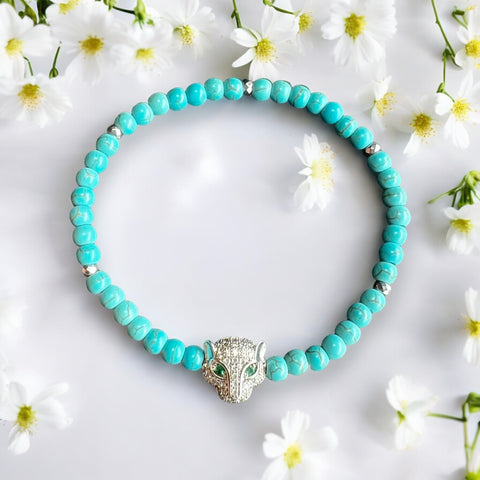 Leopard Charm 4mm Turquoise Stones Bracelet