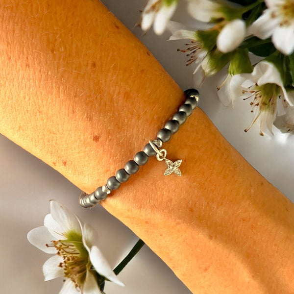 Flower Charm 4mm Hematite Matte Stones Bracelet