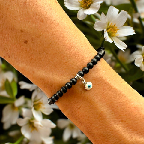 White Evil Eye Charm 4mm Onyx Matte Stone Bracelet