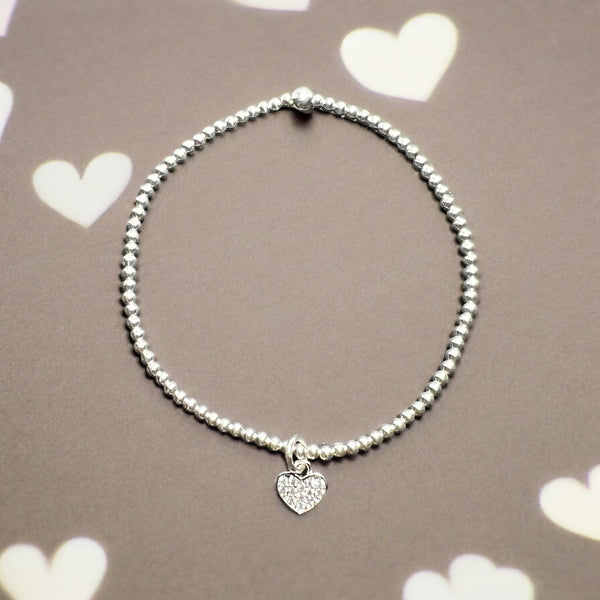 Dainty Heart Charm Sterling Silver 2mm Bead Bracelet