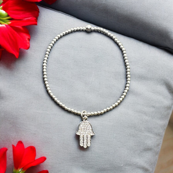 Hamsa Charm Sterling Silver 2mm Bead Bracelet