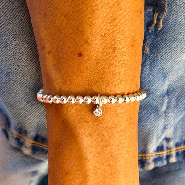 Dainty Cubic Zirconia Charm Sterling Silver 4mm Bead Bracelet