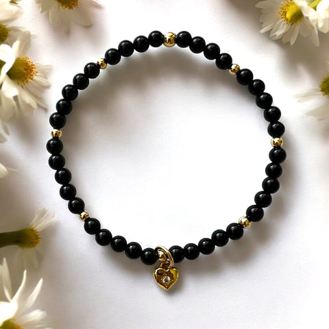 Heart Charm 4mm Onyx Polished Stone Bracelet