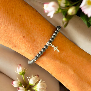 Dainty Cross 4mm Hematite Matte Stone Bracelet