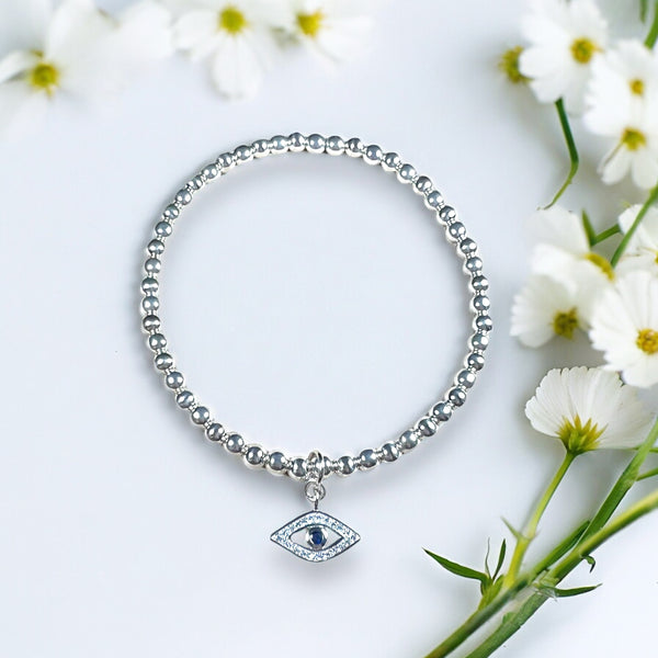 Evil Eye Charm Sterling Silver 4mm Bead Bracelet