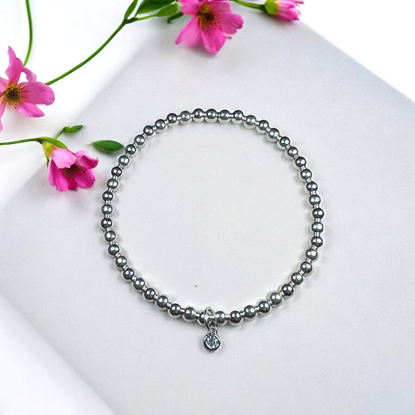 Dainty Cubic Zirconia Charm Sterling Silver 4mm Bead Bracelet