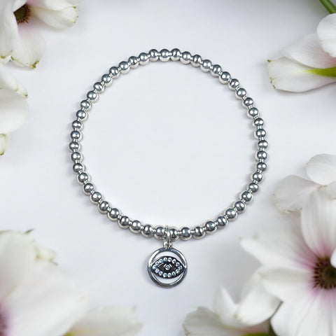 Round Evil Eye Charm Sterling Silver 4mm Bead Bracelet