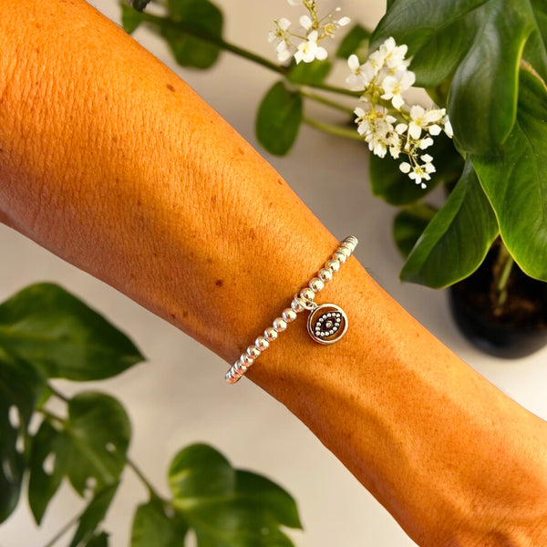 Round Evil Eye Charm Sterling Silver 4mm Bead Bracelet