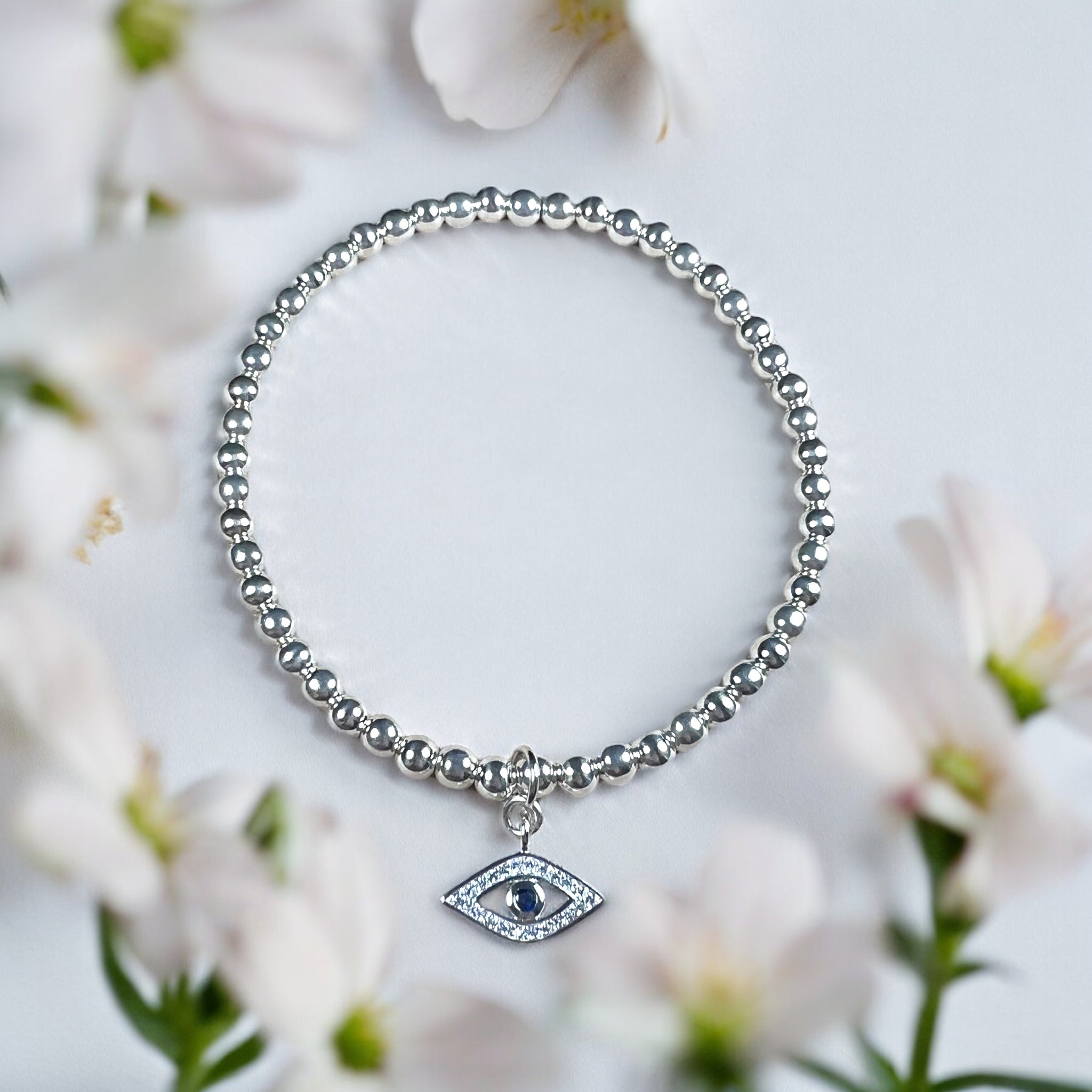 Evil Eye Charm Sterling Silver 4mm Bead Bracelet