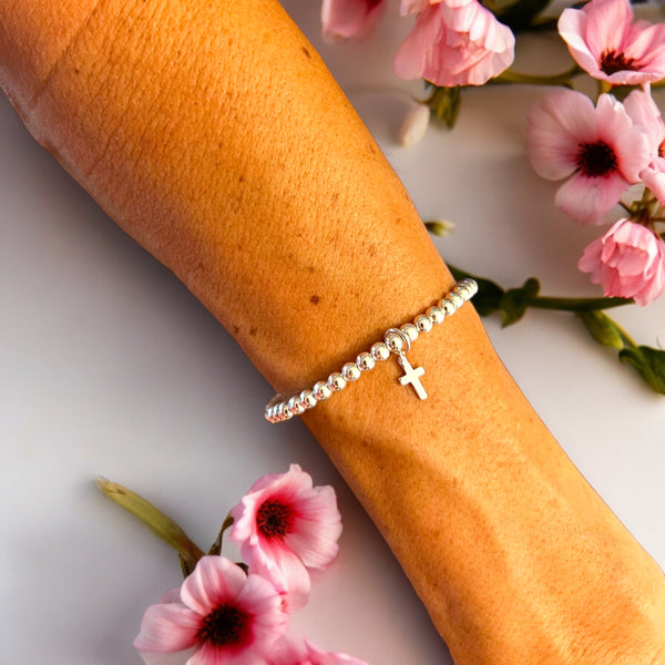 Dainty Cross Charm Sterling Silver 4mm Bead Bracelet