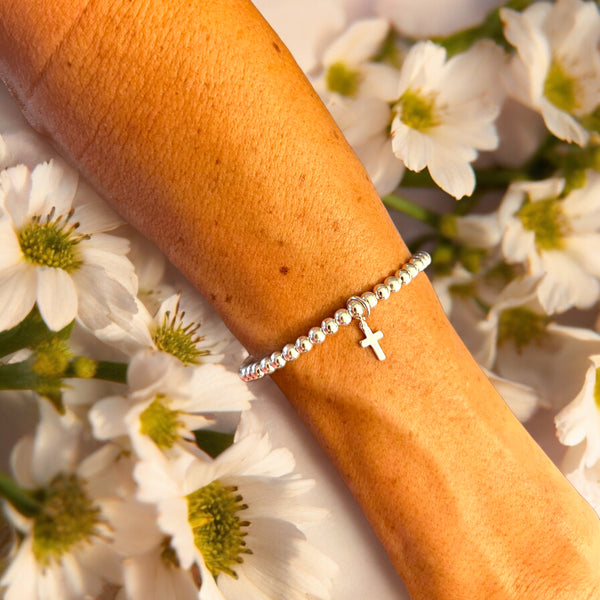 Dainty Cross Charm Sterling Silver 4mm Bead Bracelet