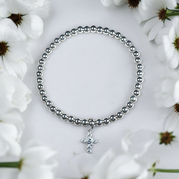 Cross Charm Sterling Silver 4mm Bead Bracelet