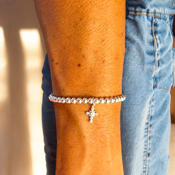 Cross Charm Sterling Silver 4mm Bead Bracelet