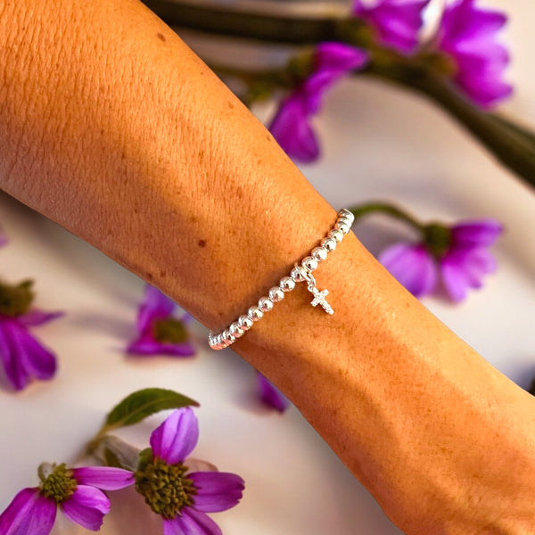 Mini Cross Charm Sterling Silver 4mm Bead Bracelet