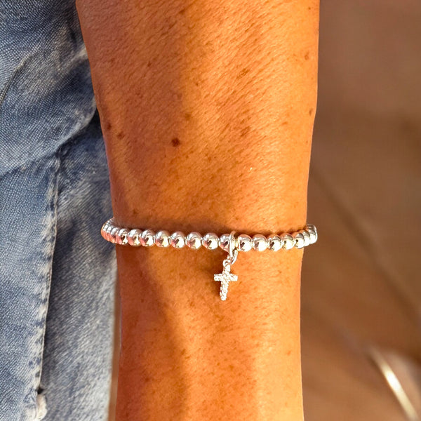 Mini Cross Charm Sterling Silver 4mm Bead Bracelet