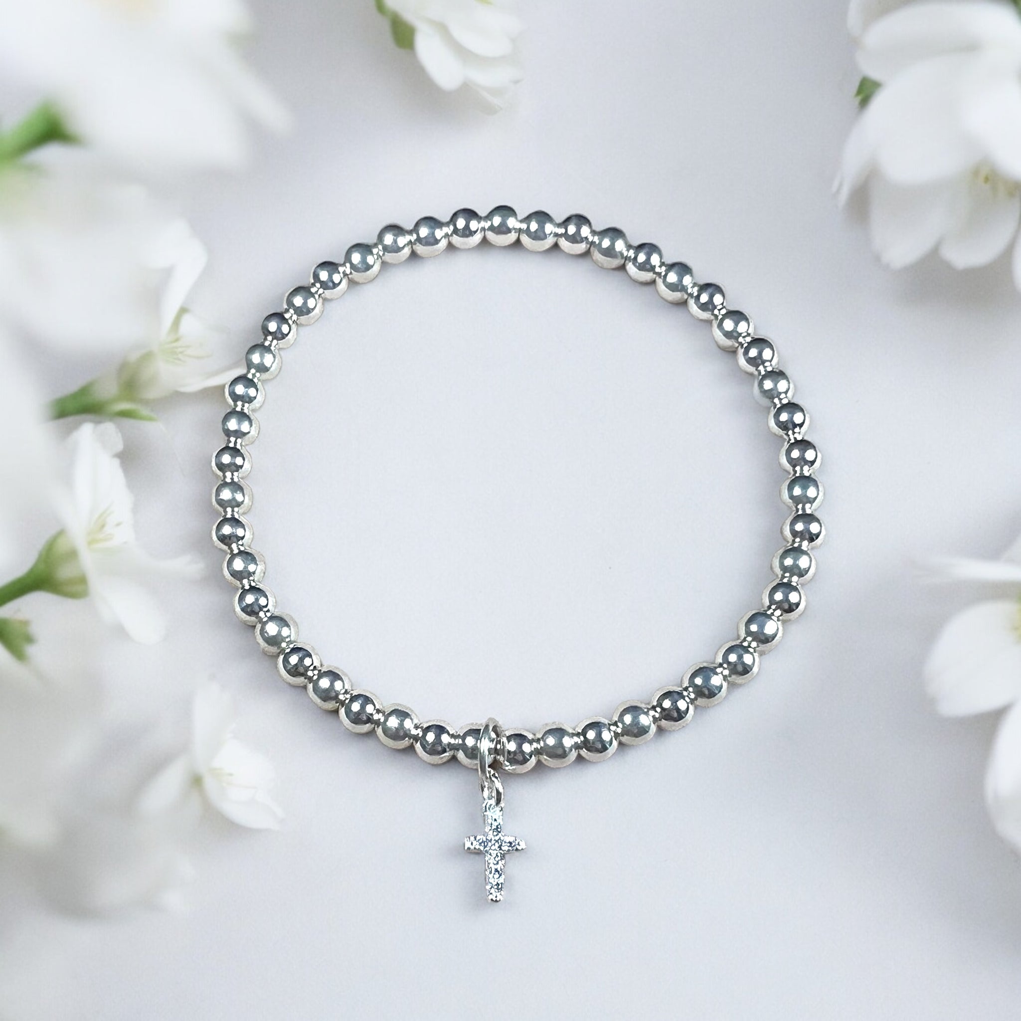 Mini Cross Charm Sterling Silver 4mm Bead Bracelet