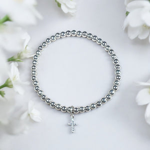 Mini Cross Charm Sterling Silver 4mm Bead Bracelet