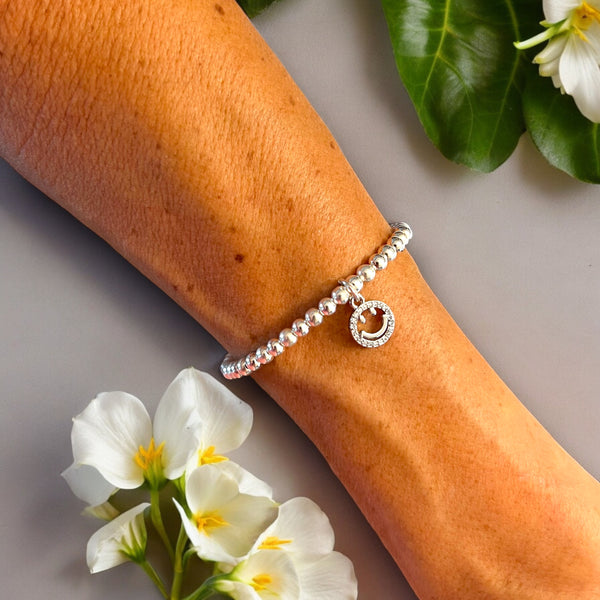 Smiley Charm Sterling Silver 4mm Bead Bracelet