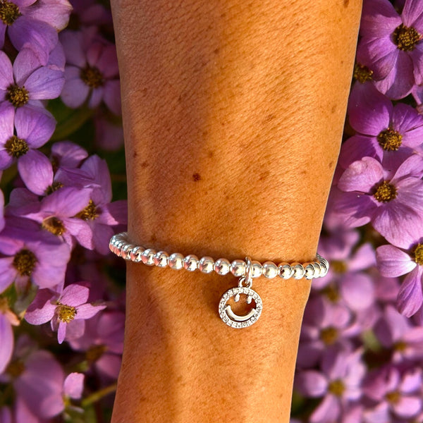 Smiley Charm Sterling Silver 4mm Bead Bracelet