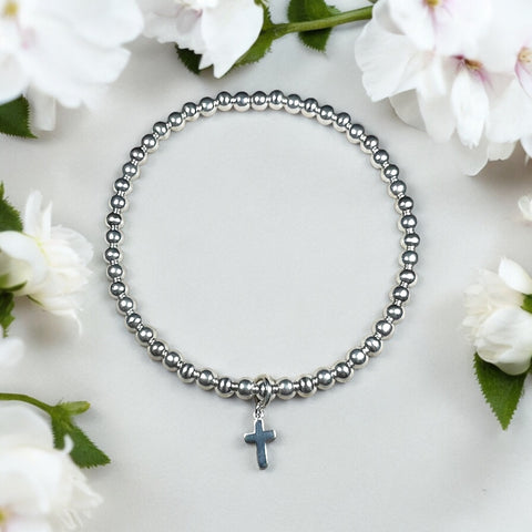 Dainty Cross Charm Sterling Silver 4mm Bead Bracelet