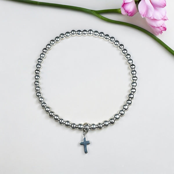 Dainty Cross Charm Sterling Silver 4mm Bead Bracelet