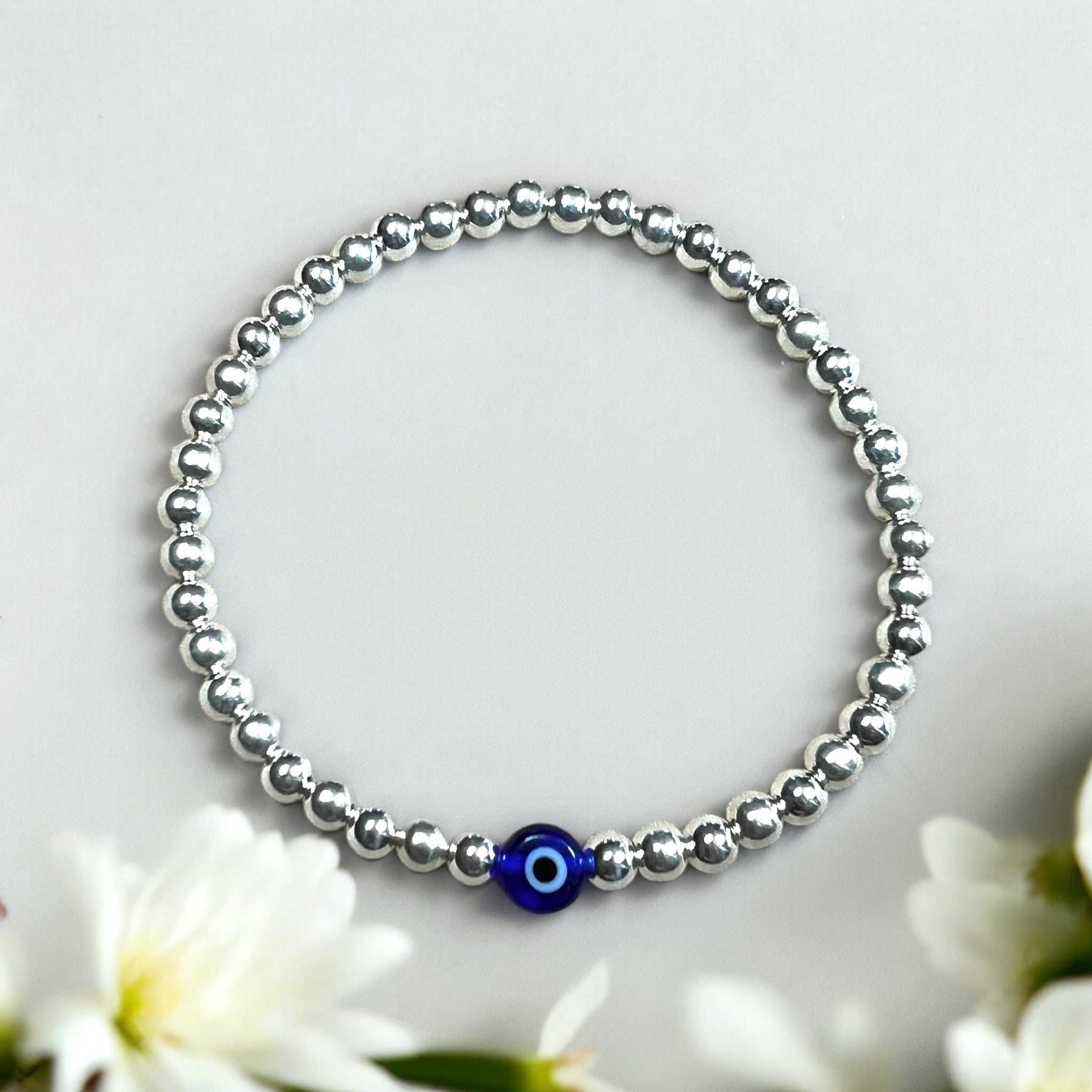 Classic Blue Evil Eye Sterling Silver 4mm Bead Bracelet