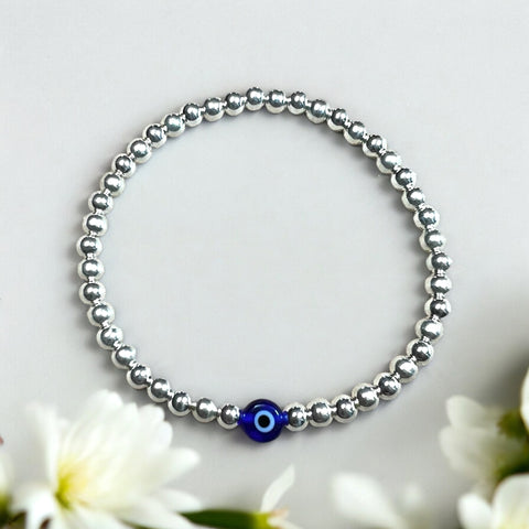 Classic Blue Evil Eye Sterling Silver 4mm Bead Bracelet