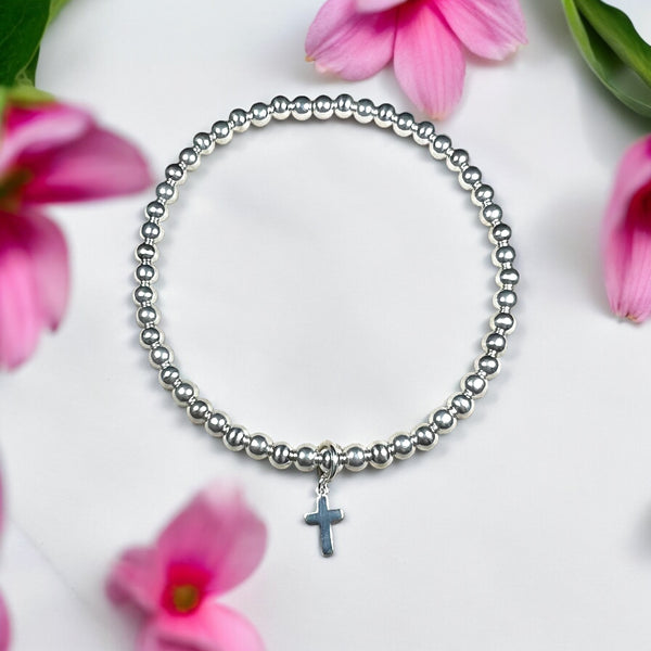 Mini Cross Charm Sterling Silver 4mm Bead Bracelet