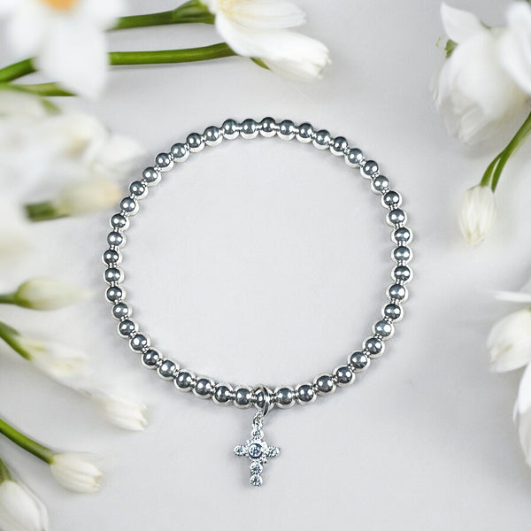 Cross Charm Sterling Silver 4mm Bead Bracelet