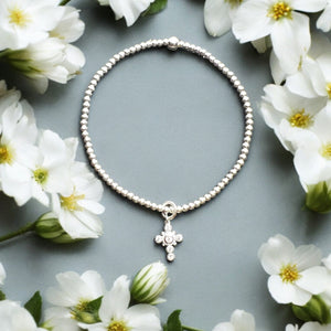 Cross Charm Sterling Silver 2mm Bead Bracelet