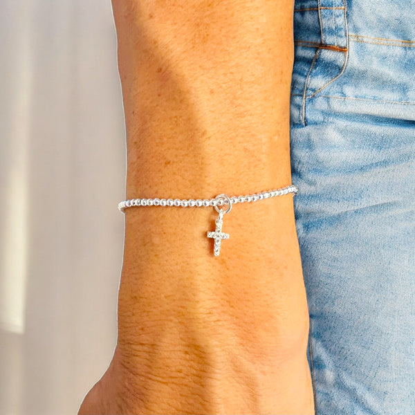 Mini Cross Charm Sterling Silver 2mm Bead Bracelet