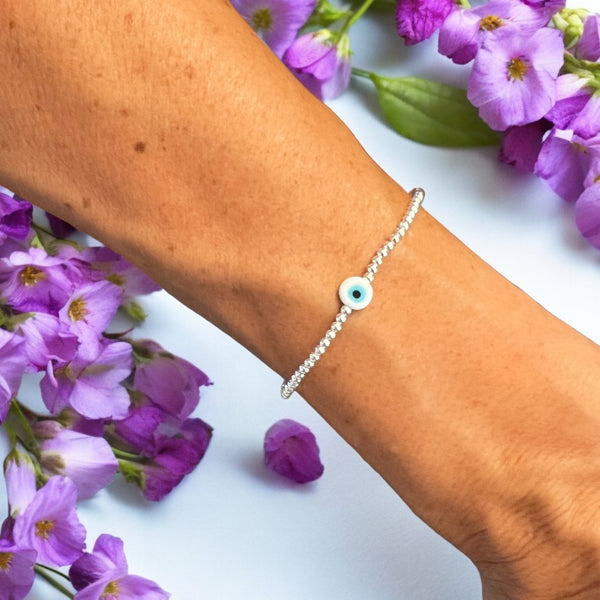 Classic White Evil Eye Charm Sterling Silver 2mm Bead Bracelet