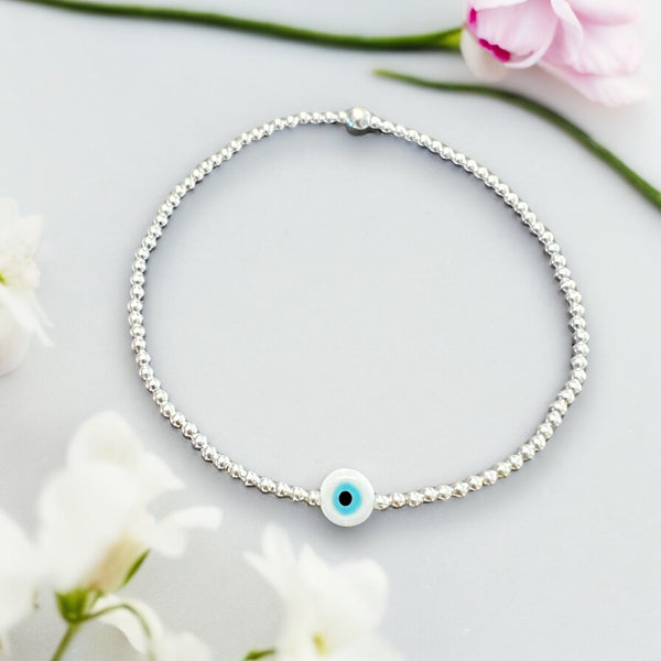 Classic White Evil Eye Charm Sterling Silver 2mm Bead Bracelet