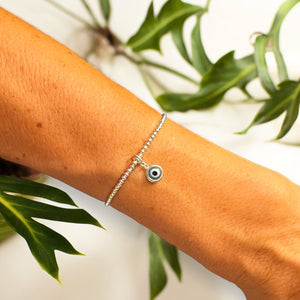 Drop Evil Eye Charm Sterling Silver 2mm Bead Bracelet