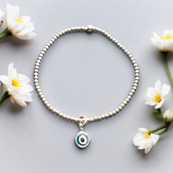 Drop Evil Eye Charm Sterling Silver 2mm Bead Bracelet