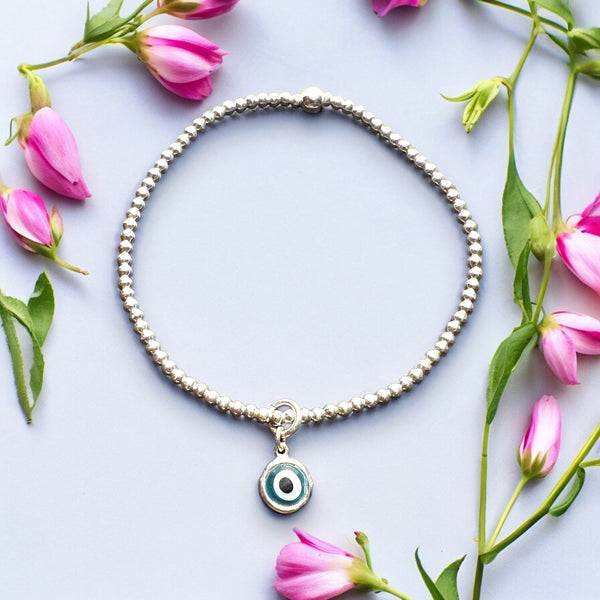 Drop Evil Eye Charm Sterling Silver 2mm Bead Bracelet